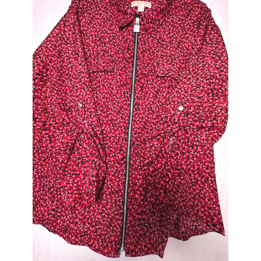Michael Kors Heart Print Zip Front Blouse 3X Red Pink Roll Tab Sleeve Top - Picture 7 of 7